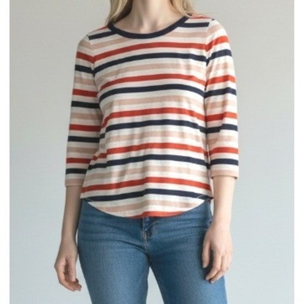 COS Striped Scoop Neck T-Shirt Womens S Multicolor Casual 3/4 Sleeve Cotton